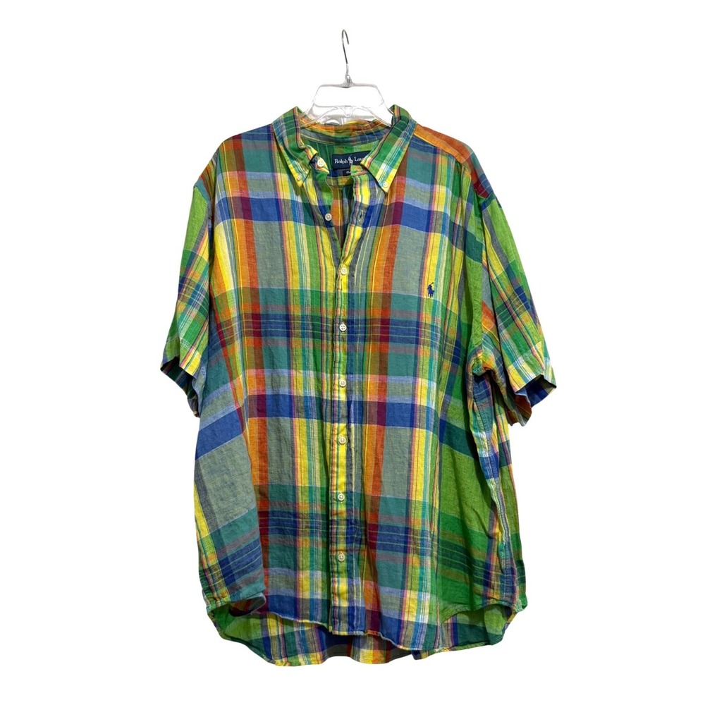 Ralph Lauren 2XB Big Classic Fit Plaid Linen Short Sleeve Shirt Green Multi